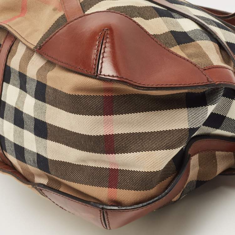 Pre Owned Burberry Brown House Check Canvas and Leather Small Bridle Dutton Hobo