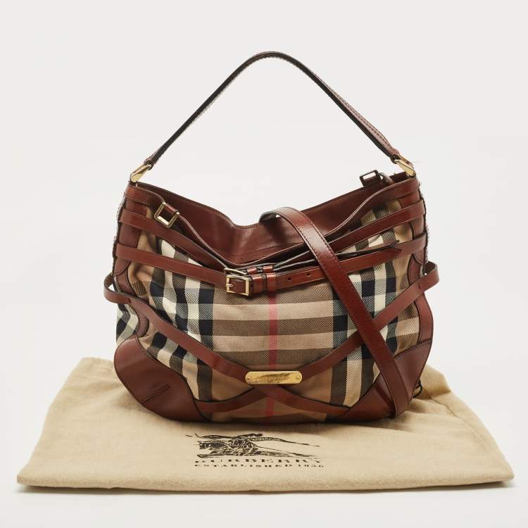 Pre Owned Burberry Brown House Check Canvas and Leather Small Bridle Dutton Hobo