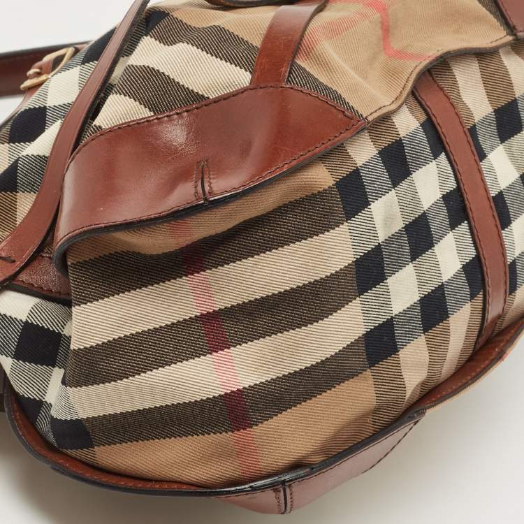 Pre Owned Burberry Brown House Check Canvas and Leather Small Bridle Dutton Hobo