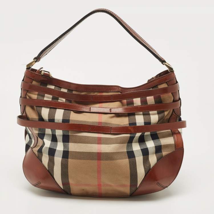 Pre Owned Burberry Brown House Check Canvas and Leather Small Bridle Dutton Hobo