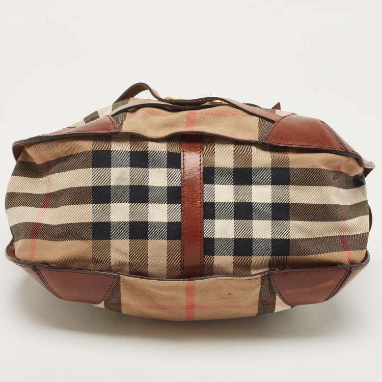 Pre Owned Burberry Brown House Check Canvas and Leather Small Bridle Dutton Hobo