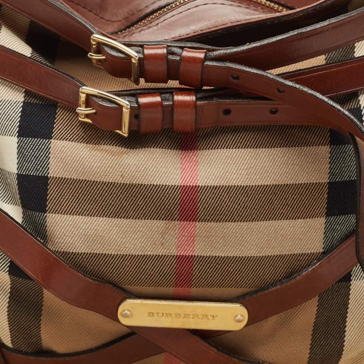 Pre Owned Burberry Brown House Check Canvas and Leather Small Bridle Dutton Hobo