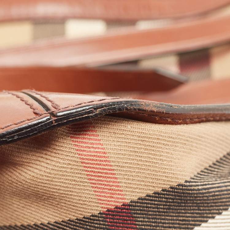 Pre Owned Burberry Brown House Check Canvas and Leather Small Bridle Dutton Hobo