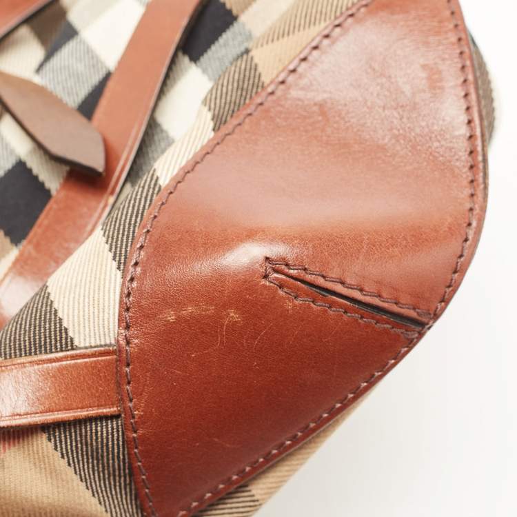 Pre Owned Burberry Brown House Check Canvas and Leather Small Bridle Dutton Hobo