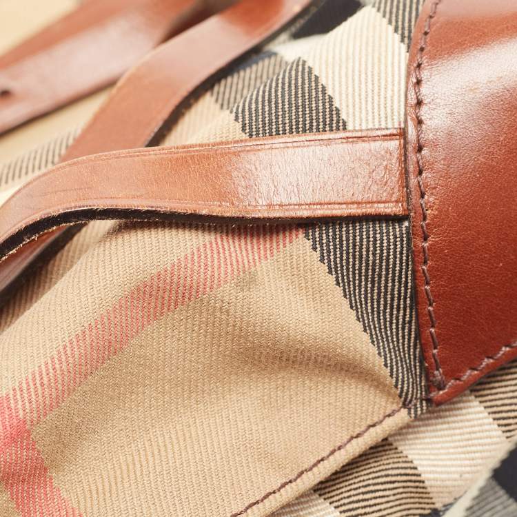 Pre Owned Burberry Brown House Check Canvas and Leather Small Bridle Dutton Hobo