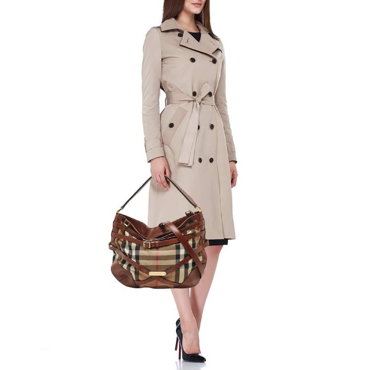 Pre Owned Burberry Brown House Check Canvas and Leather Small Bridle Dutton Hobo