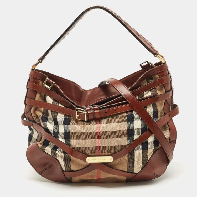 Pre Owned Burberry Brown House Check Canvas and Leather Small Bridle Dutton Hobo