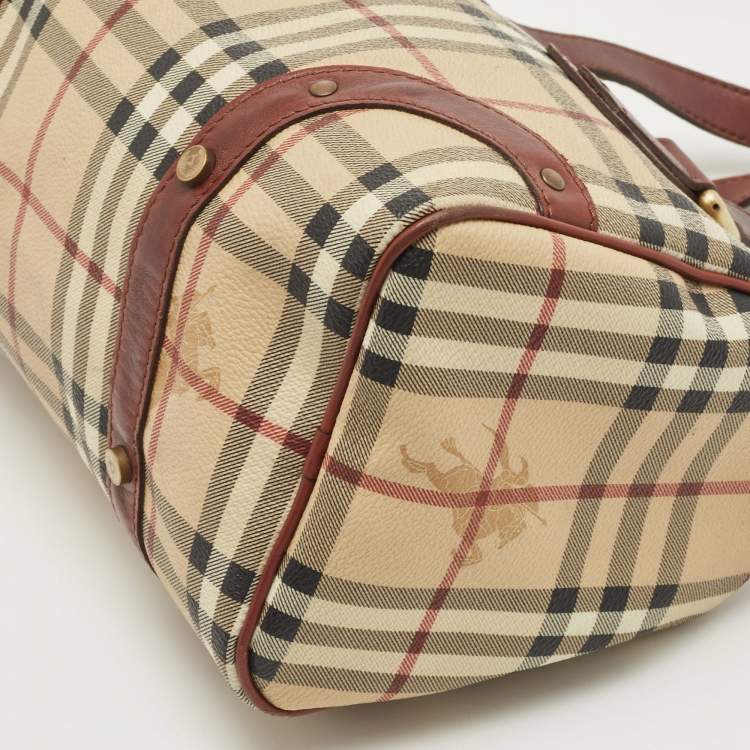 Pre Owned Burberry Burgundy/Beige Haymarket Coated Canvas and Leather Chester Bowling Bag