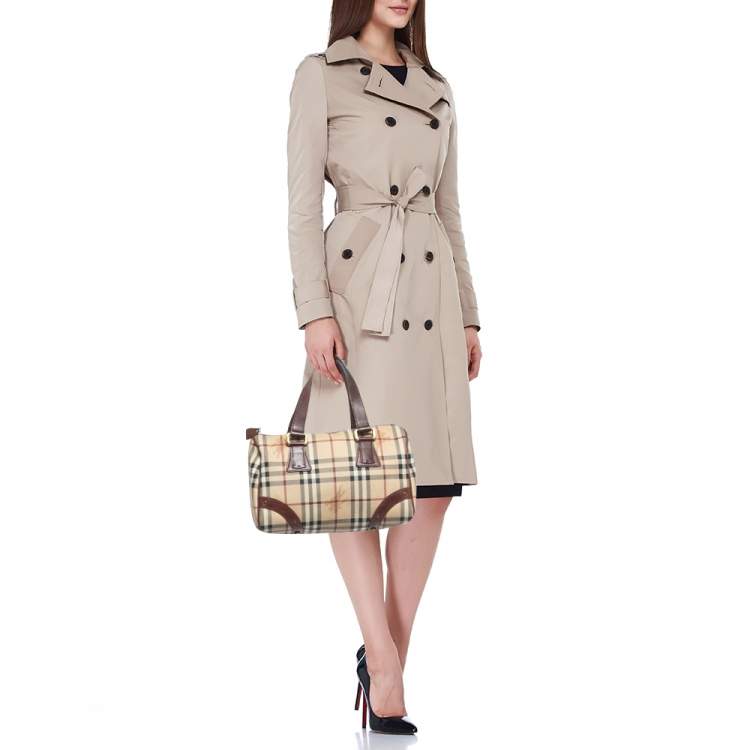 Pre Owned Burberry Burgundy/Beige Haymarket Coated Canvas and Leather Chester Bowling Bag