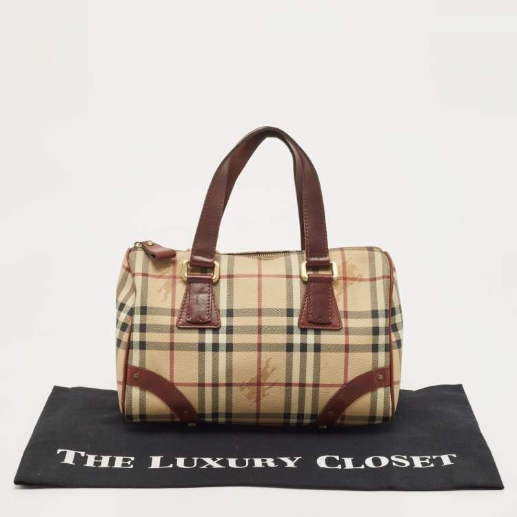 Pre Owned Burberry Burgundy/Beige Haymarket Coated Canvas and Leather Chester Bowling Bag