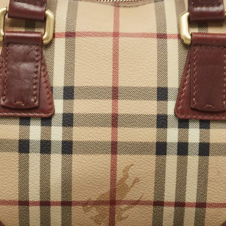 Pre Owned Burberry Burgundy/Beige Haymarket Coated Canvas and Leather Chester Bowling Bag