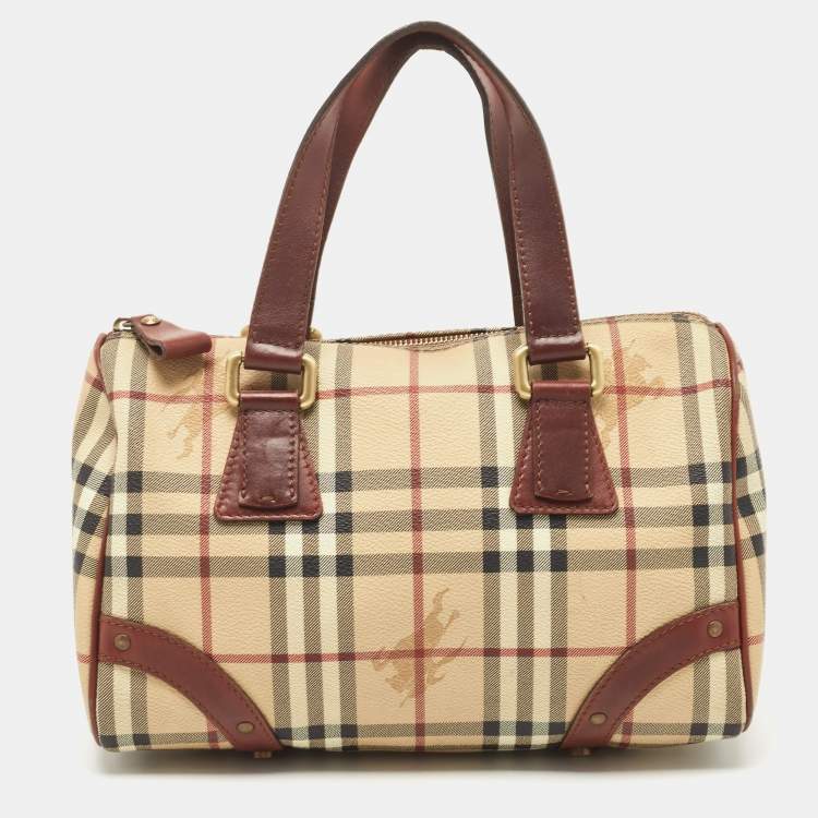 Pre Owned Burberry Burgundy/Beige Haymarket Coated Canvas and Leather Chester Bowling Bag