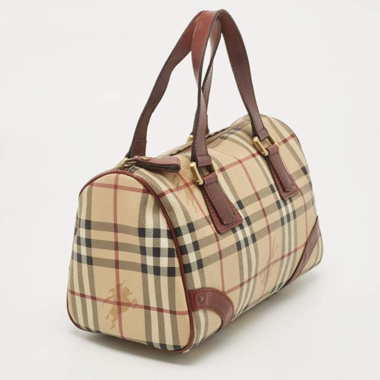 Pre Owned Burberry Burgundy/Beige Haymarket Coated Canvas and Leather Chester Bowling Bag