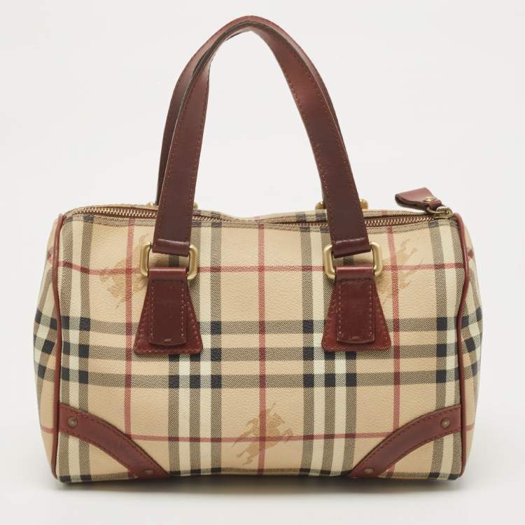 Pre Owned Burberry Burgundy/Beige Haymarket Coated Canvas and Leather Chester Bowling Bag
