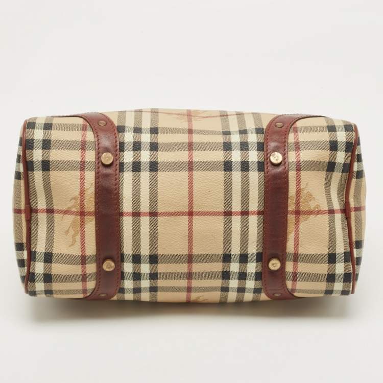 Pre Owned Burberry Burgundy/Beige Haymarket Coated Canvas and Leather Chester Bowling Bag