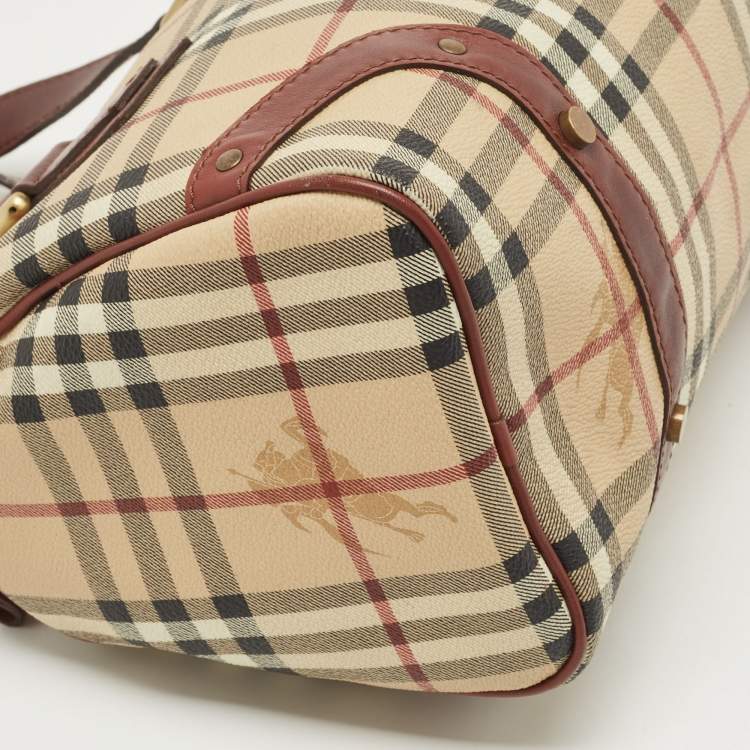 Pre Owned Burberry Burgundy/Beige Haymarket Coated Canvas and Leather Chester Bowling Bag
