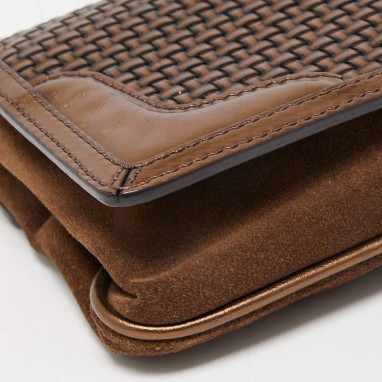 Pre Owned Burberry Bronze Woven Leather and Suede Flap Shoulder Bag