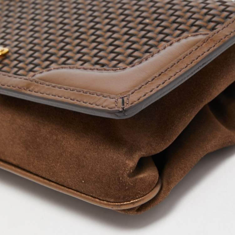 Pre Owned Burberry Bronze Woven Leather and Suede Flap Shoulder Bag