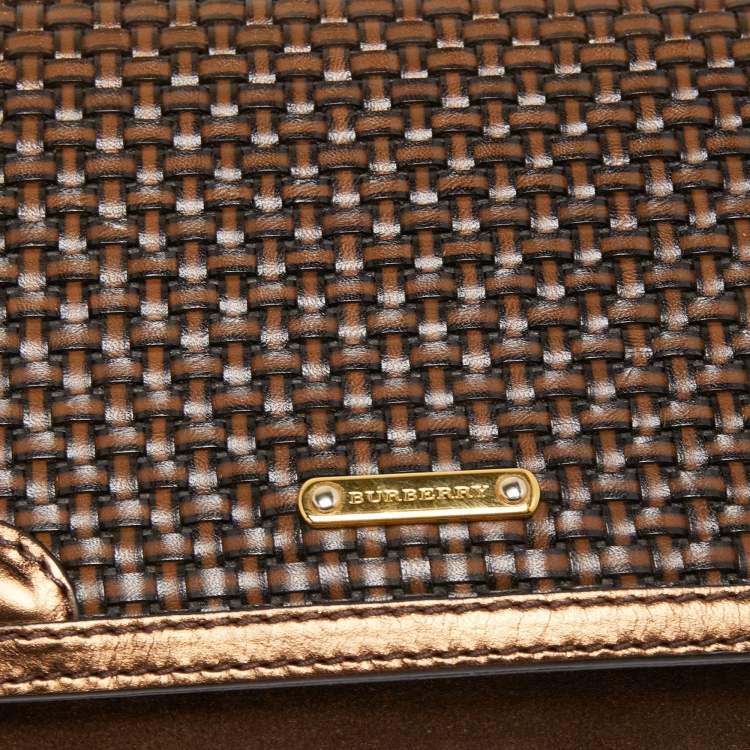 Pre Owned Burberry Bronze Woven Leather and Suede Flap Shoulder Bag