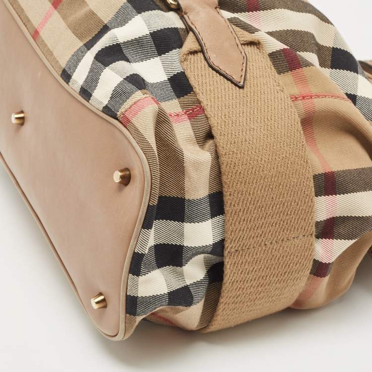 Pre Owned Burberry Beige House Check Canvas and Leather Brecon Hobo