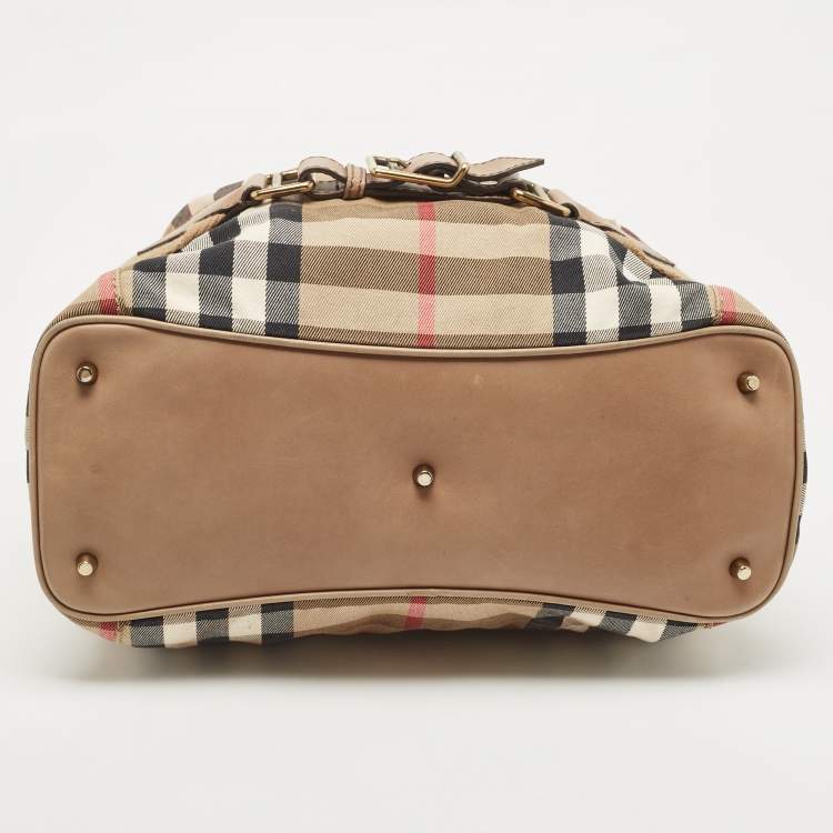 Pre Owned Burberry Beige House Check Canvas and Leather Brecon Hobo