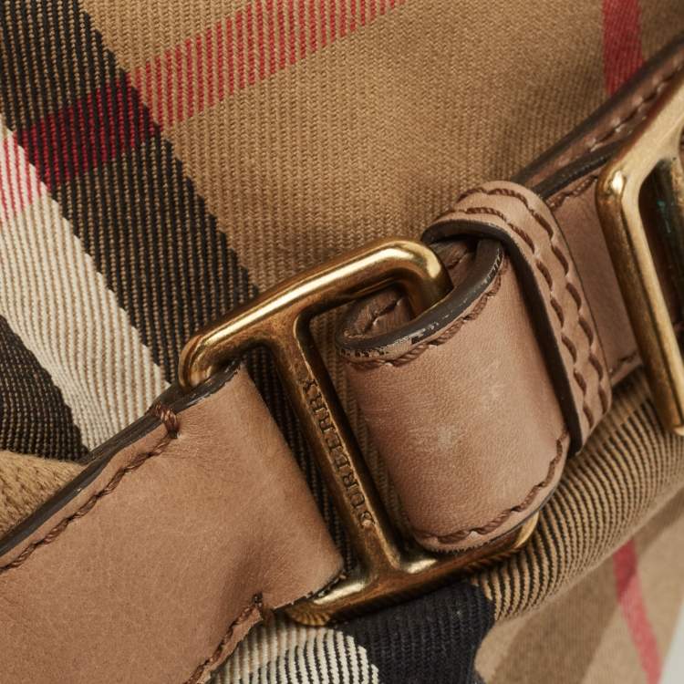 Pre Owned Burberry Beige House Check Canvas and Leather Brecon Hobo