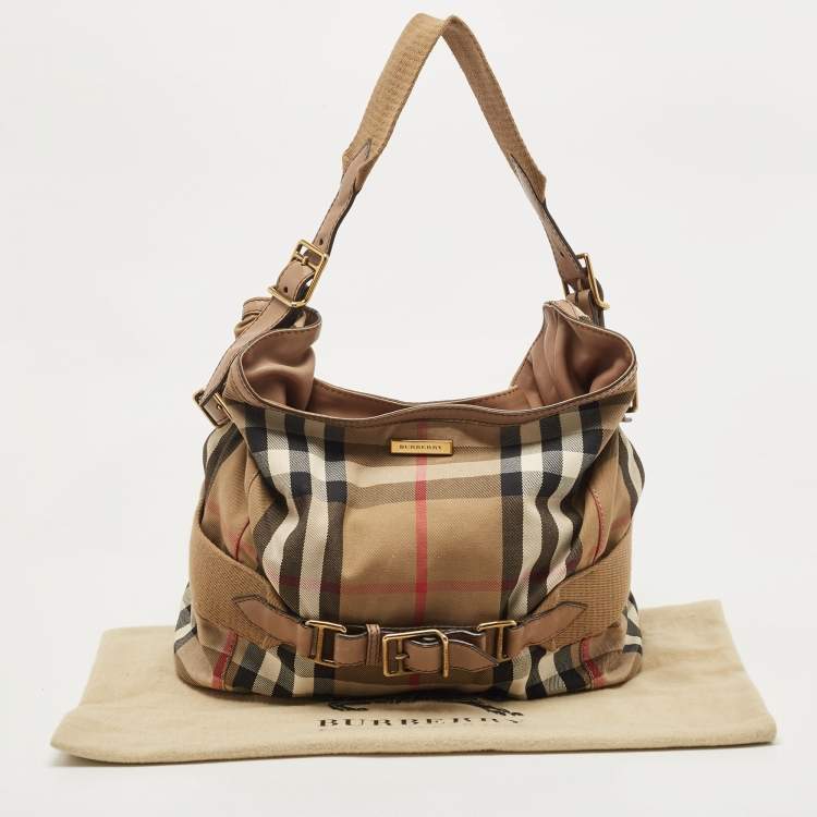 Pre Owned Burberry Beige House Check Canvas and Leather Brecon Hobo