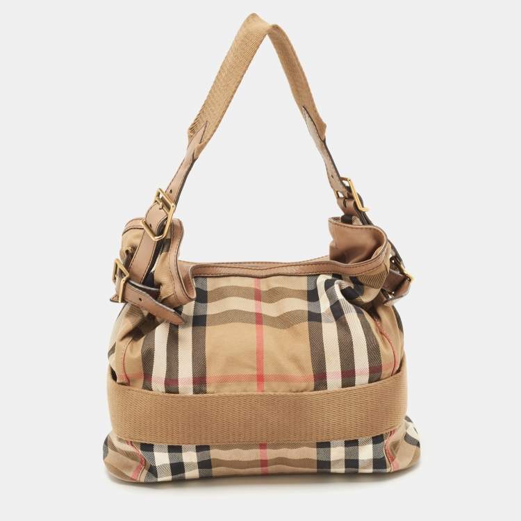 Pre Owned Burberry Beige House Check Canvas and Leather Brecon Hobo