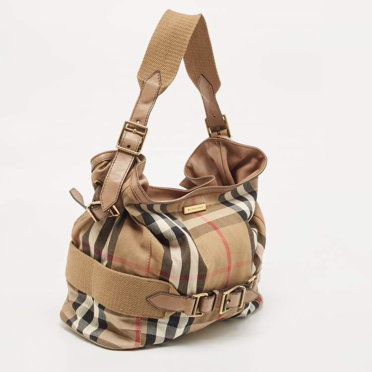 Pre Owned Burberry Beige House Check Canvas and Leather Brecon Hobo