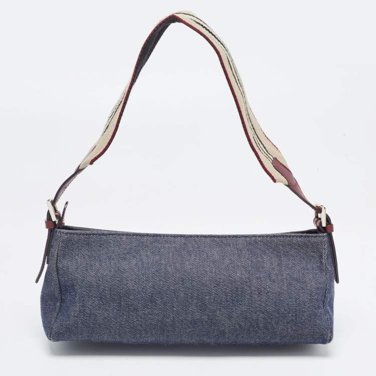 Pre Owned Burberry Blue Denim and Leather Baguette Bag