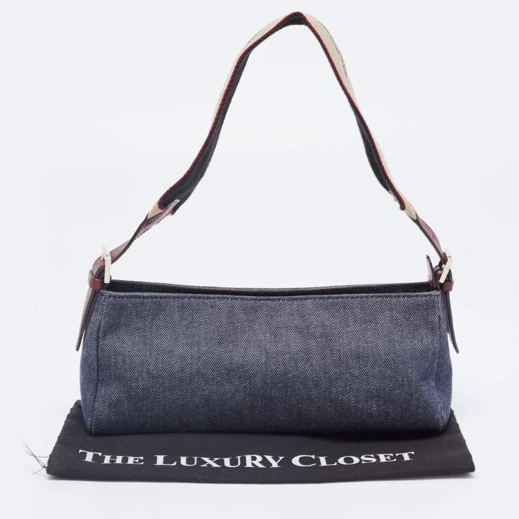 Pre Owned Burberry Blue Denim and Leather Baguette Bag