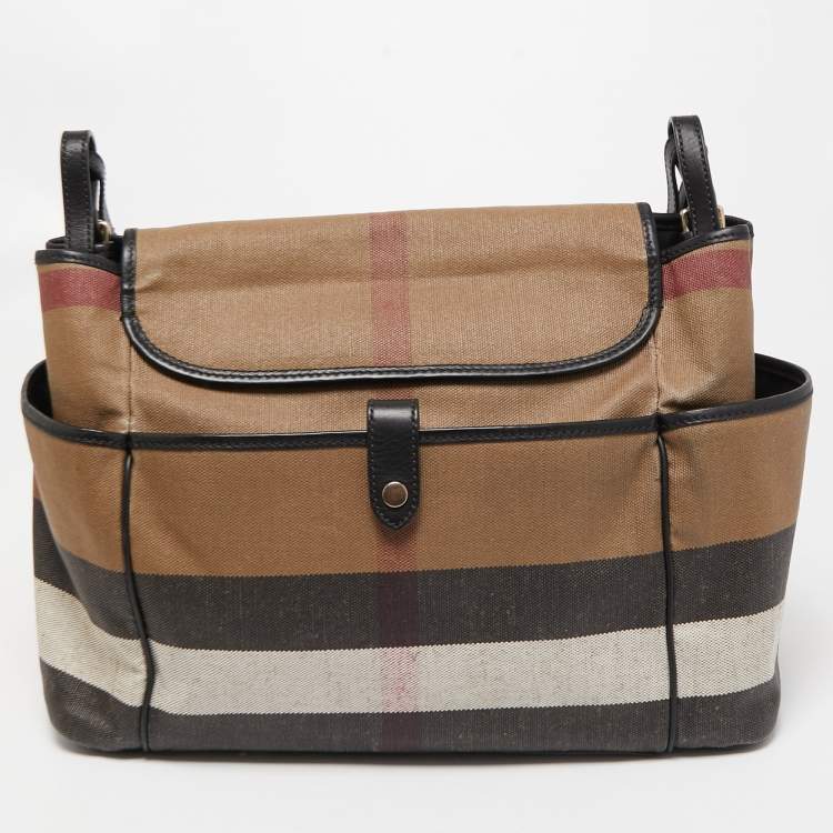 Pre Owned Burberry Beige/Black House Check Canvas and Leather Diaper Flap Bag