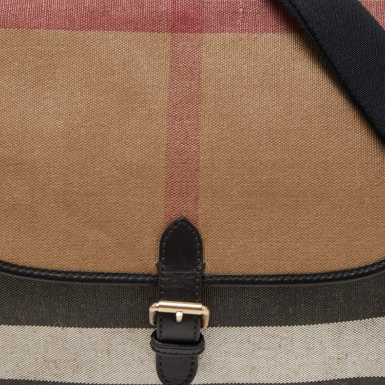 Pre Owned Burberry Beige/Black House Check Canvas and Leather Diaper Flap Bag