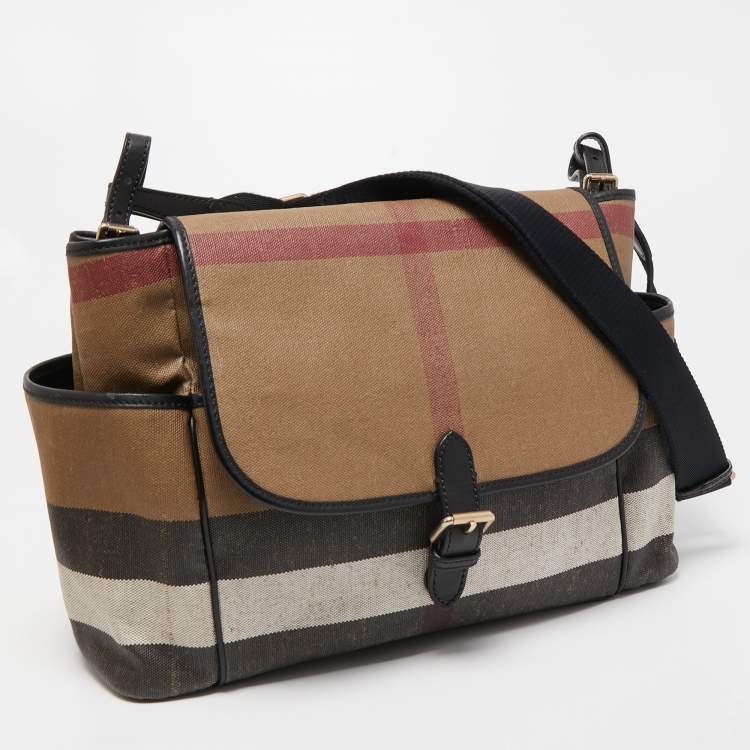 Pre Owned Burberry Beige/Black House Check Canvas and Leather Diaper Flap Bag