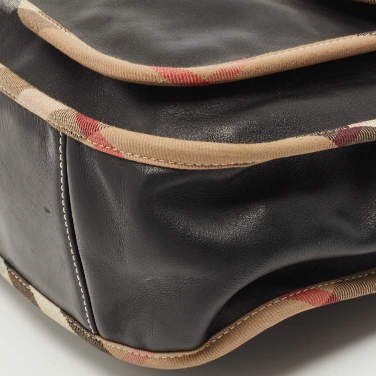 Pre Owned Burberry Black/Beige House Check Canvas and Leather Front Pocket Tote
