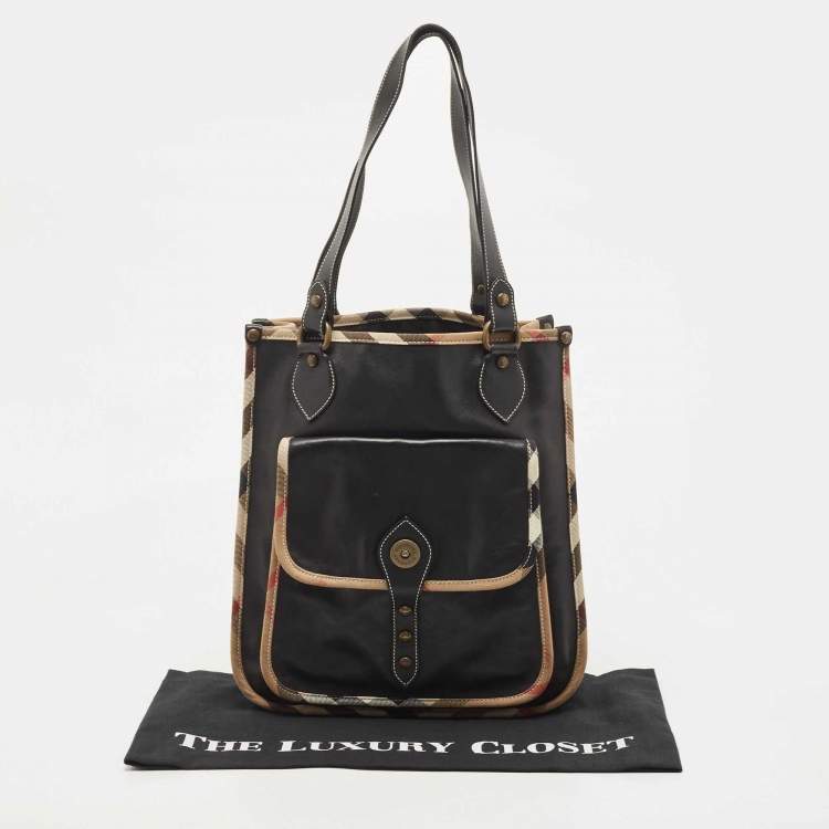Pre Owned Burberry Black/Beige House Check Canvas and Leather Front Pocket Tote