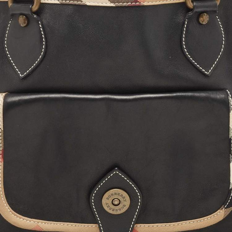 Pre Owned Burberry Black/Beige House Check Canvas and Leather Front Pocket Tote