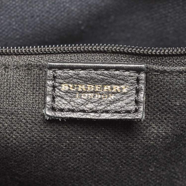 Pre Owned Burberry Black/Beige House Check Canvas and Leather Front Pocket Tote