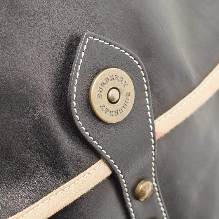 Pre Owned Burberry Black/Beige House Check Canvas and Leather Front Pocket Tote