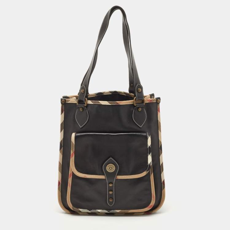 Pre Owned Burberry Black/Beige House Check Canvas and Leather Front Pocket Tote