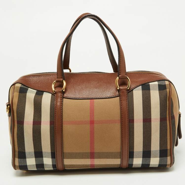 Pre Owned Burberry Brown House Check Canvas and Leather Medium Alchester Bowler Bag