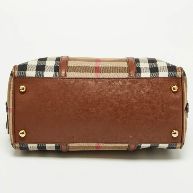 Pre Owned Burberry Brown House Check Canvas and Leather Medium Alchester Bowler Bag