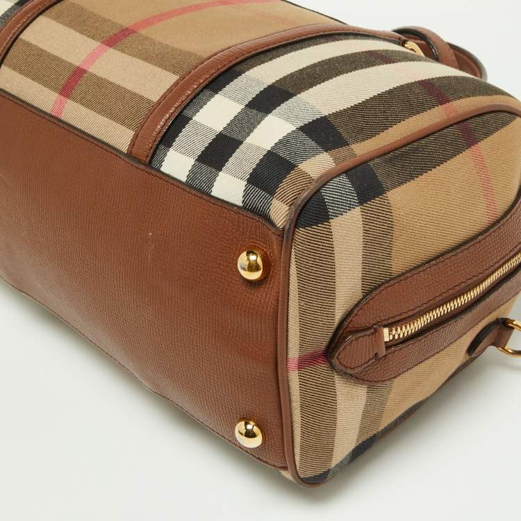 Pre Owned Burberry Brown House Check Canvas and Leather Medium Alchester Bowler Bag