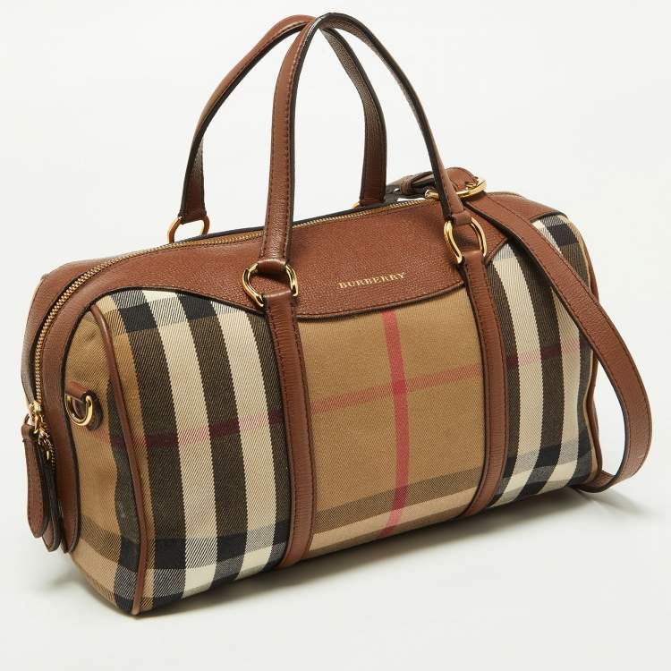 Pre Owned Burberry Brown House Check Canvas and Leather Medium Alchester Bowler Bag