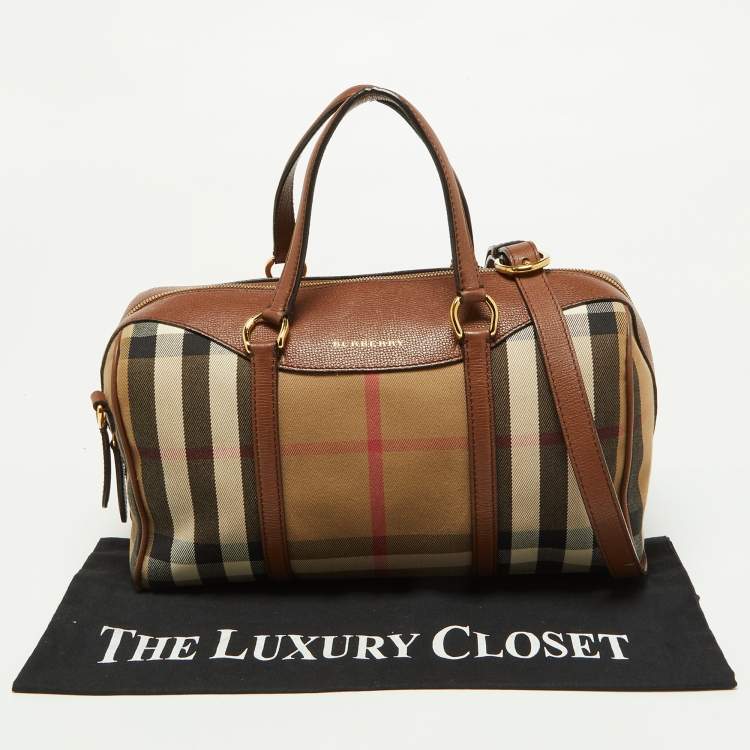 Pre Owned Burberry Brown House Check Canvas and Leather Medium Alchester Bowler Bag
