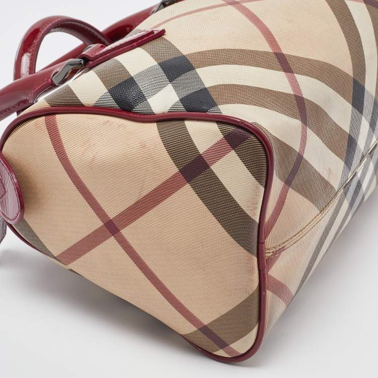 Pre Owned Burberry Red Nova Check PVC and Patent Leather Chester Boston Bag
