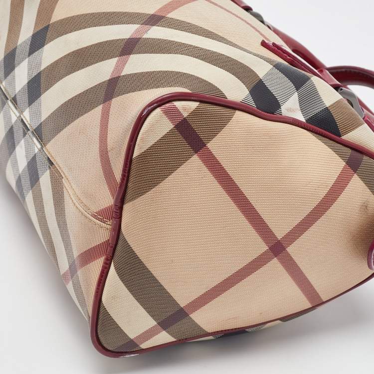 Pre Owned Burberry Red Nova Check PVC and Patent Leather Chester Boston Bag