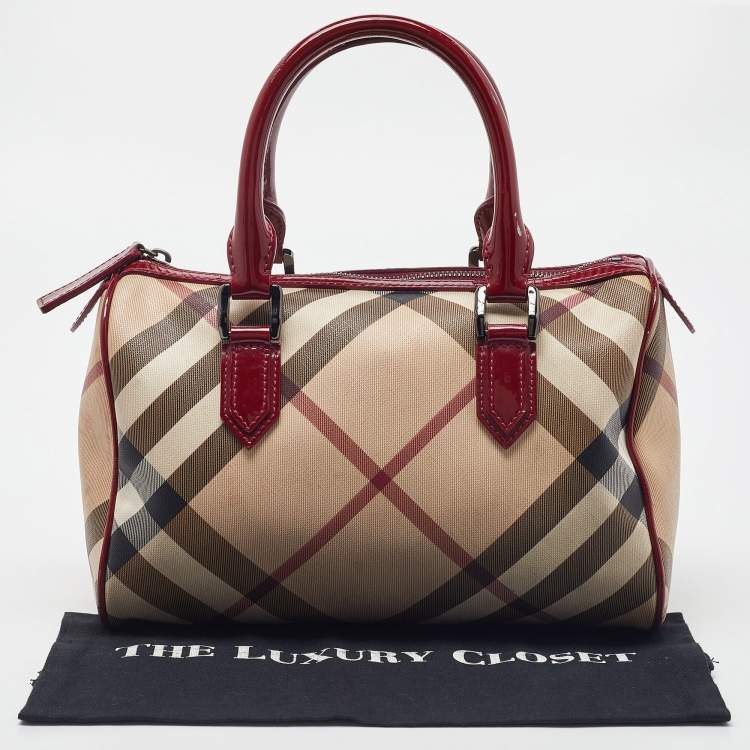 Pre Owned Burberry Red Nova Check PVC and Patent Leather Chester Boston Bag