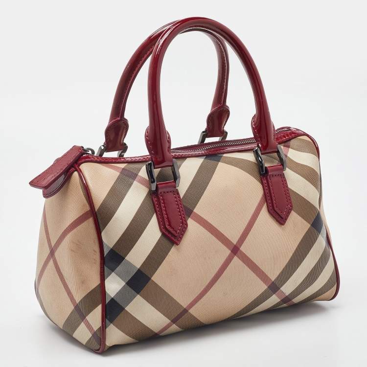 Pre Owned Burberry Red Nova Check PVC and Patent Leather Chester Boston Bag