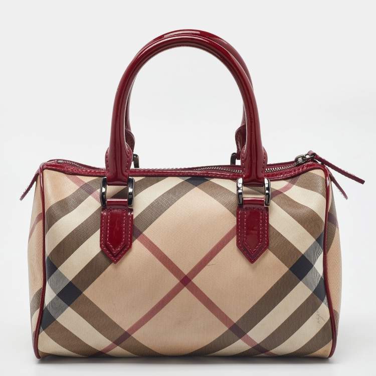 Pre Owned Burberry Red Nova Check PVC and Patent Leather Chester Boston Bag